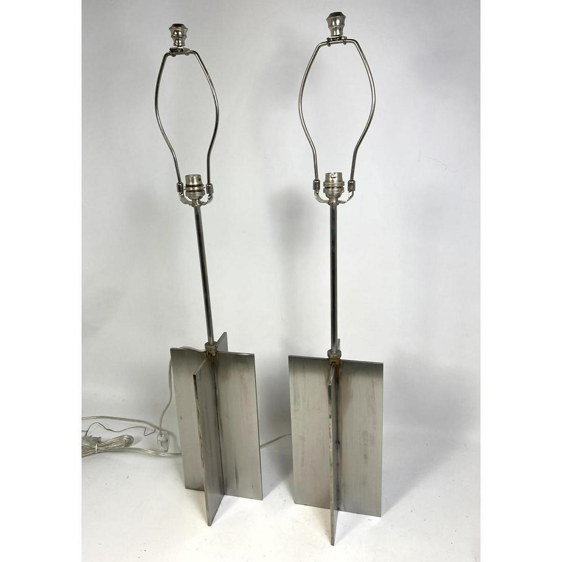Pr Jean Michel Frank style Stainless Cross Form Lamps. Solid metal design. Modernist. Base 11.5 in (1 of 8)