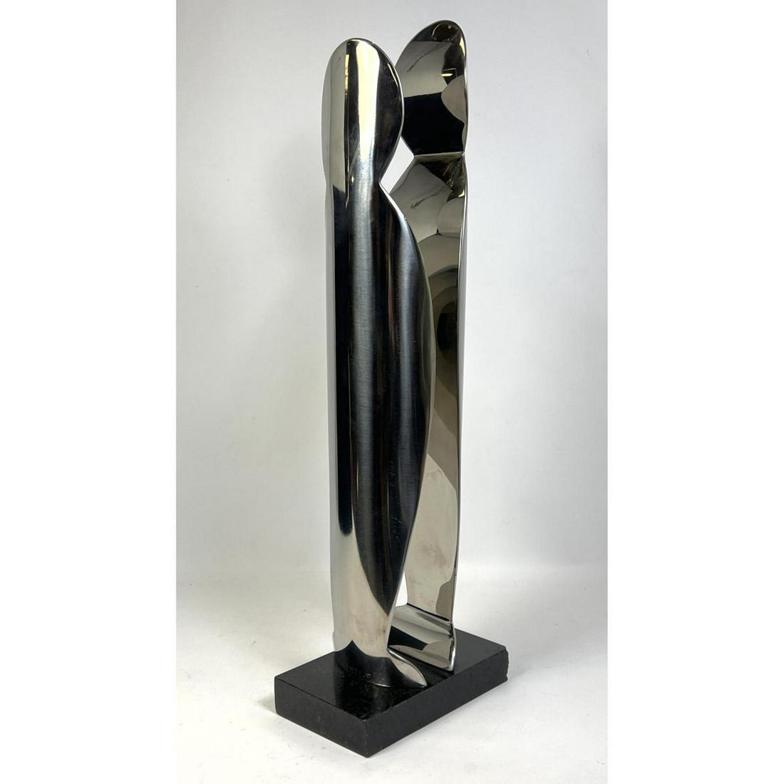 VAINO LATTI Chrome Modernist Sculpture. FINLAND. Two standing figures on black stone base. Signed an (1 of 8)