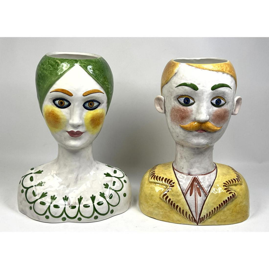 Pr HORCHOW Italian Pottery Head Vases. Male and Female Vases with Detailed Paint. 15" Tall. Marked (1 of 10)