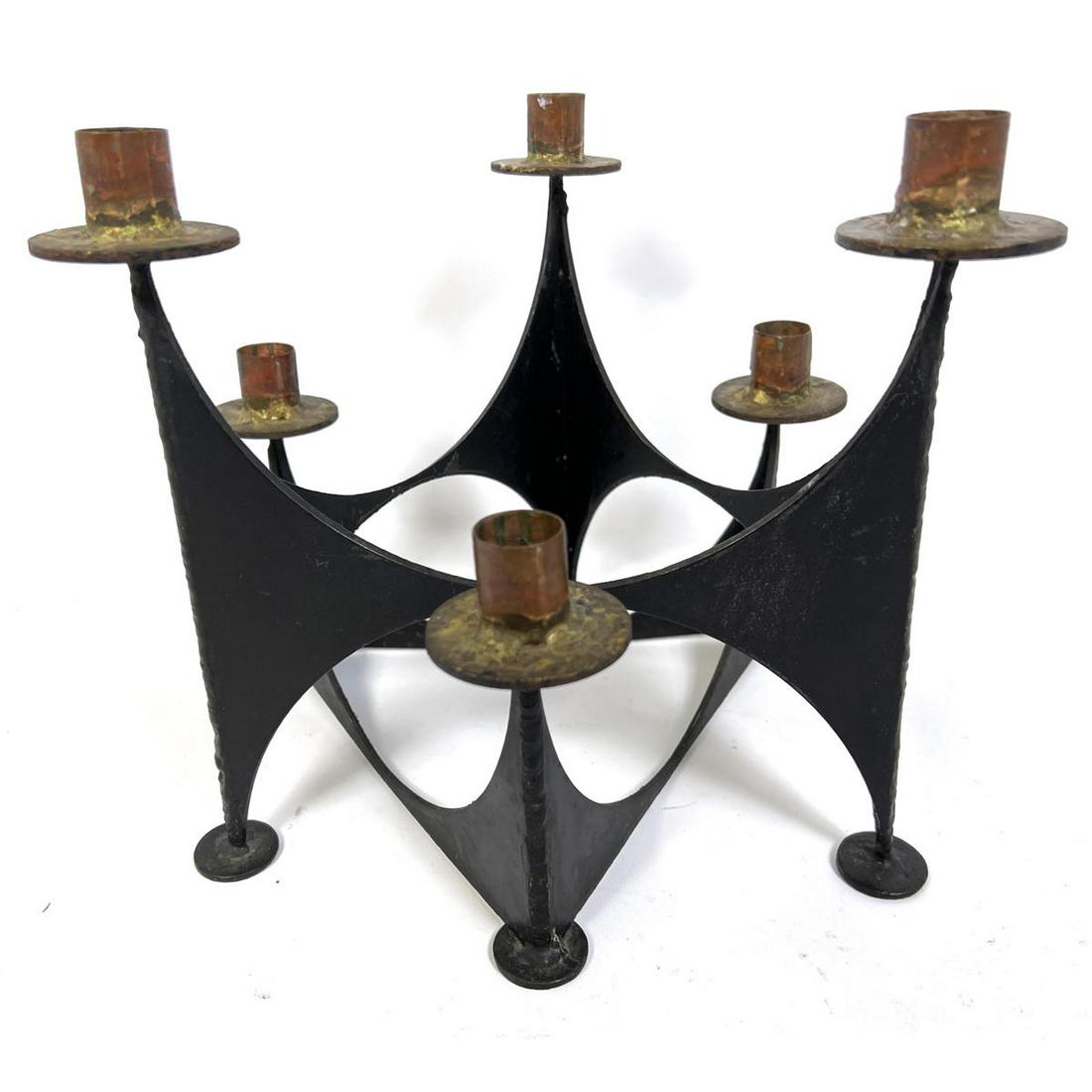 Pr Brutalist candle holders iron torch cut steel brass and copper. Graduated sizes. Interlocking. (1 of 6)