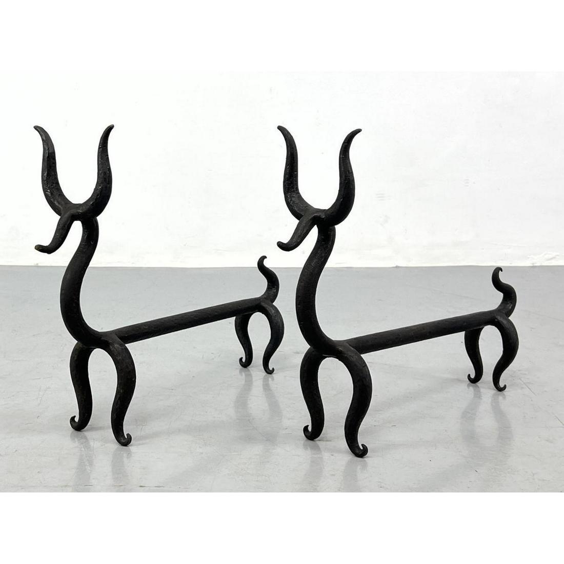 Pr Custom Iron Fire Deer Andirons after Russel Wright.  Iconic Design. Zoomorphic. (1 of 6)