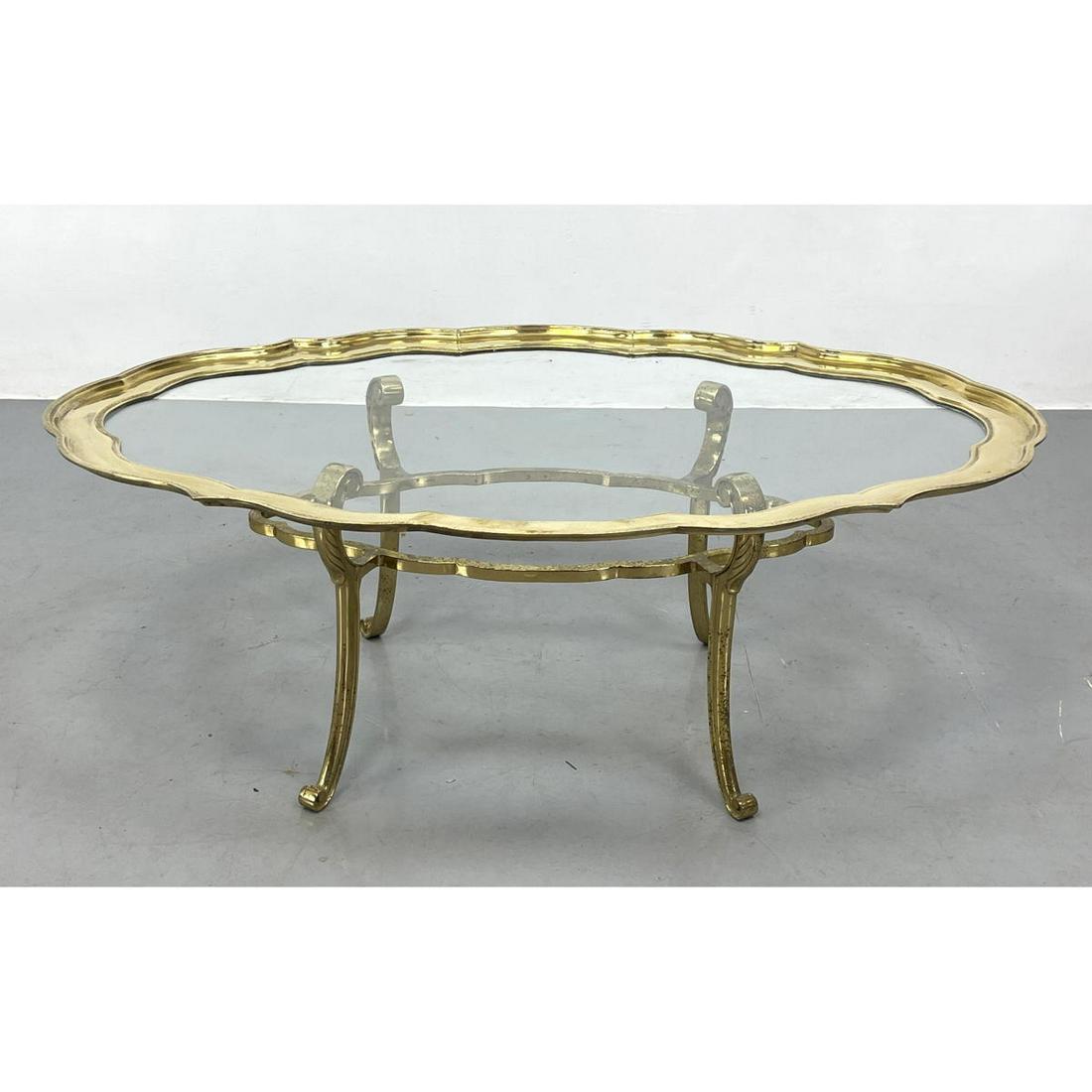 Large Brass Frame Tray Top Coffee Table. Brass and glass.: Large Brass Frame Tray Top Coffee Table. Brass and glass. Dimensions: H: 18 inches: W: 47.5 inches: D: 31 inches ---