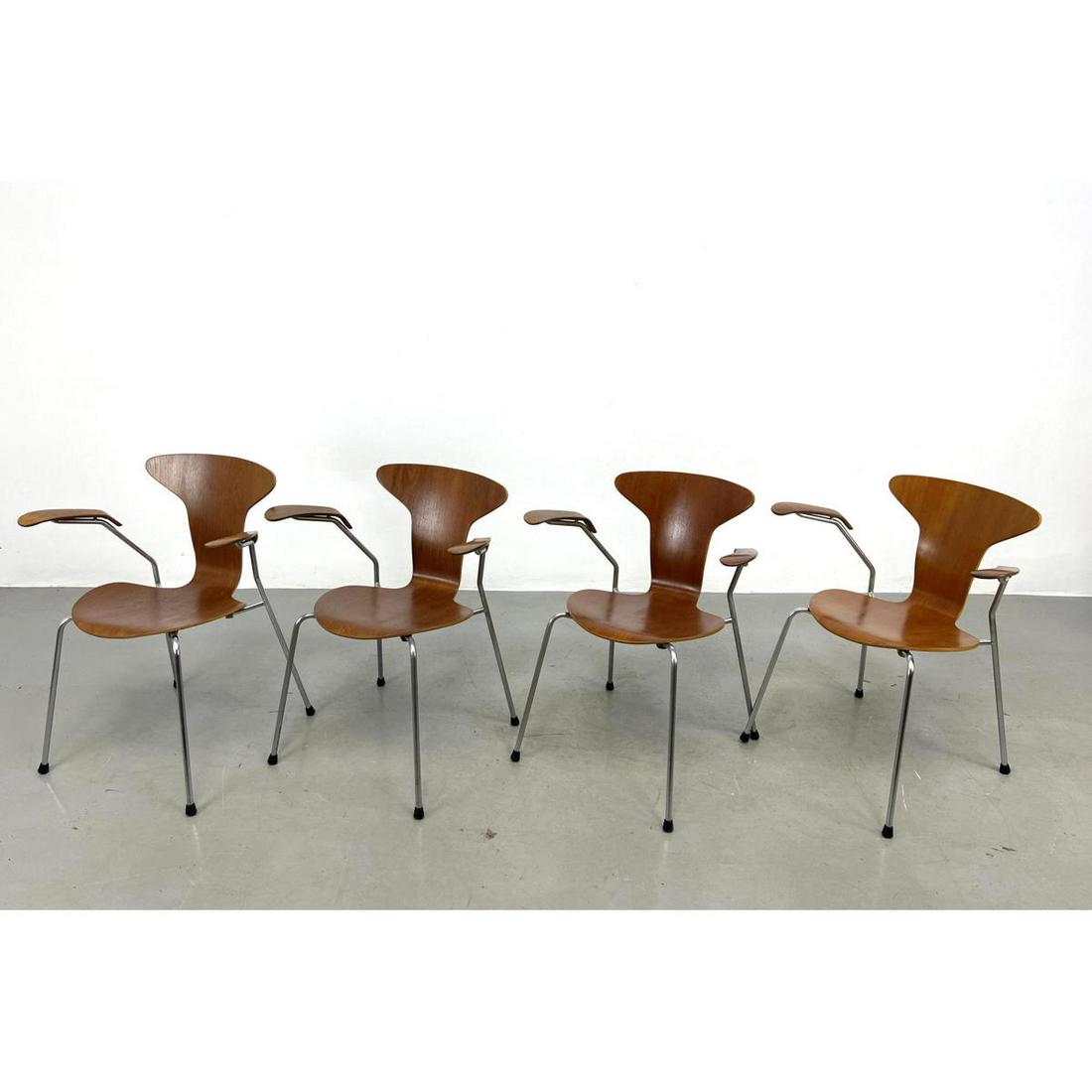 Set 4 Early Arne Jacobsen Arm Chairs. Model 3105.  Nickel-plated tubular steel, plywood, teak veneer (1 of 14)