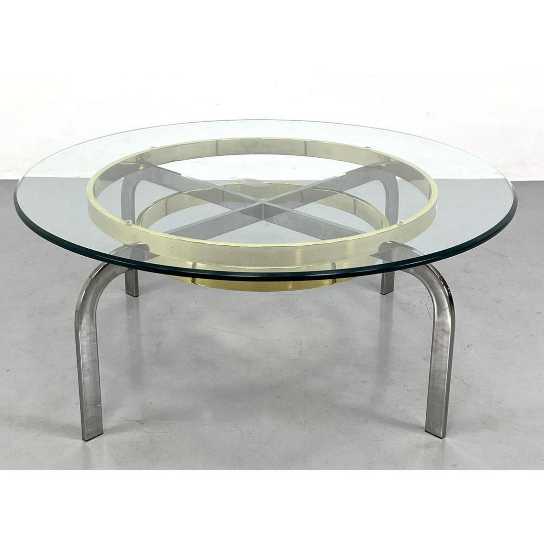 Glass, Brass and Chrome Coffee Table. Target form Base Supports Round Glass Top. DESIGN INSTITUTE of (1 of 9)