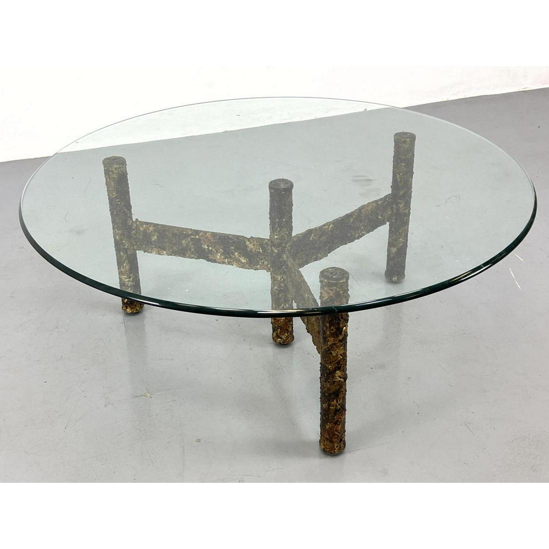 SILAS SEANDEL brutalist round coffee table. Round Glass Top. Unsigned. (1 of 6)
