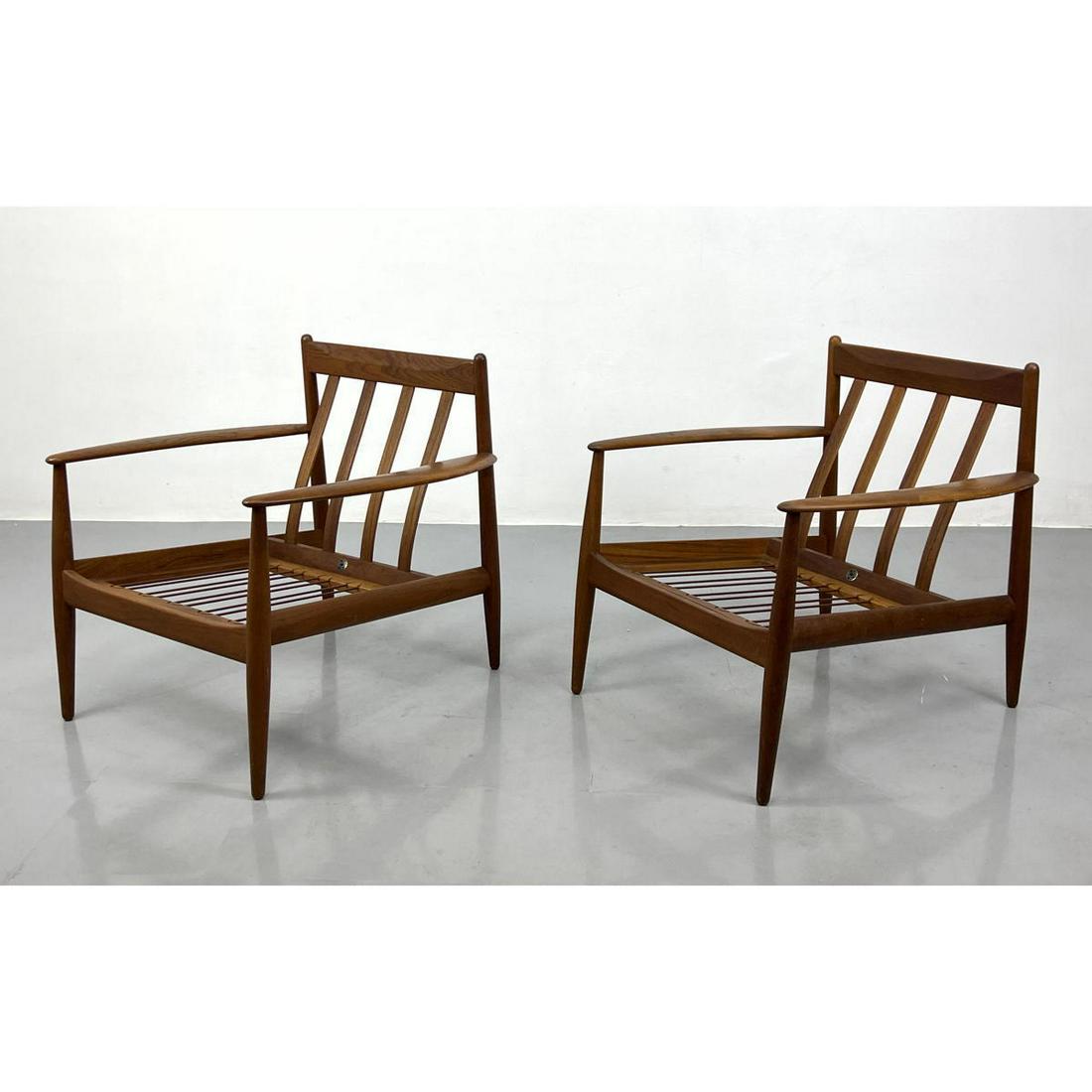 Pr GRETA JALK Danish Modern Teak Lounge Chairs. Wide tapered panel arms. John Stuart Metal tag. (1 of 18)