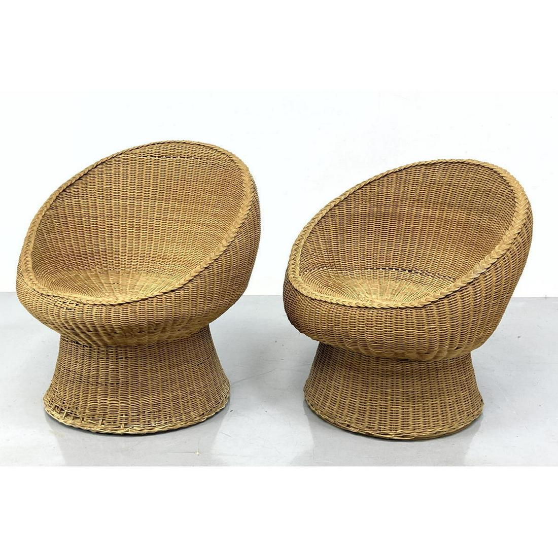 Pr Eero Aarnio style Woven Wicker Saucer Chairs. Sliced Sphere form seat with braided wicker edge. (1 of 12)