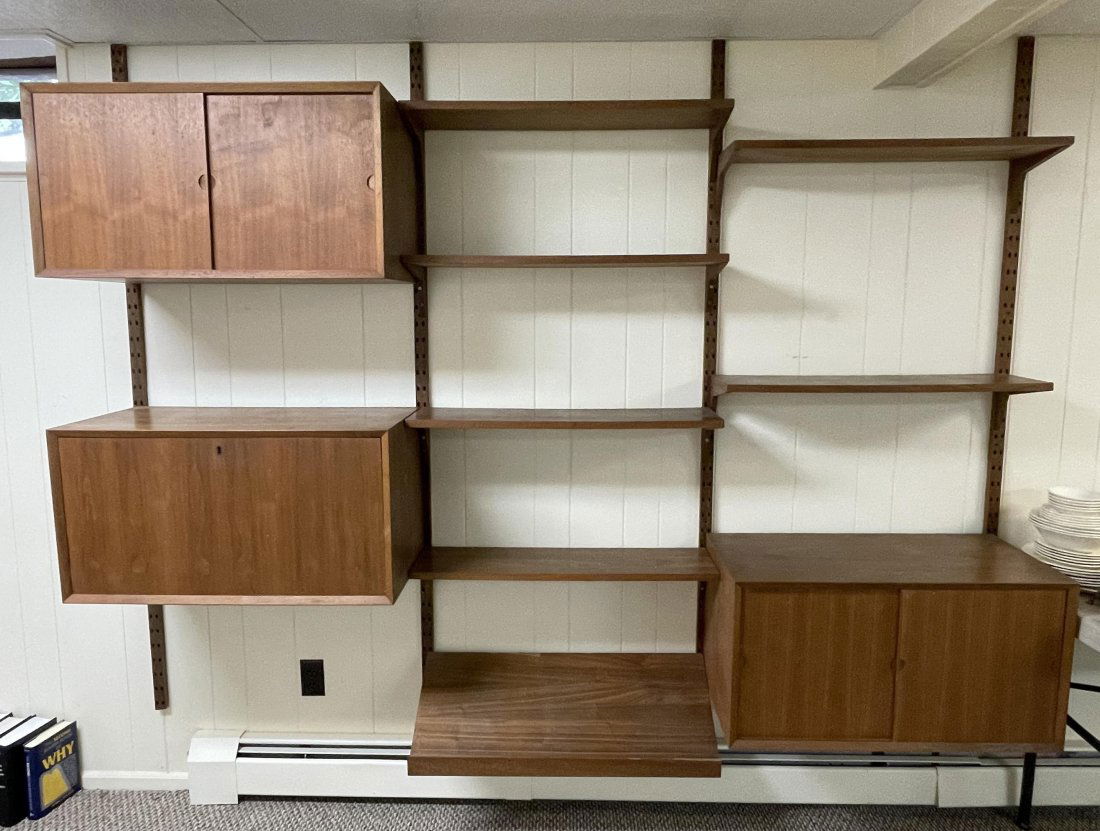 Danish Modern Teak Wall Unit. Four Uprights. Three Cabinets including drop down desk. Shelves and br (1 of 20)