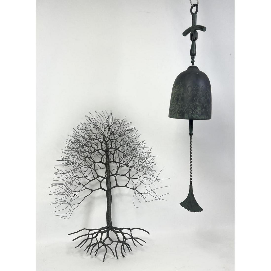 2pc Modernist Metal Lot. Heavy Cast Metal Wind Bell Chime. Sculptural Tree composed of twisted wire. (1 of 8)
