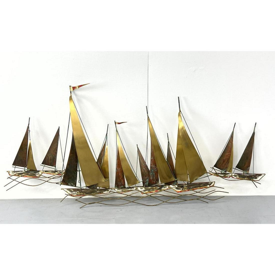 C. JERE Mixed Metal Wall Sculpture of Sail Boats.: C. JERE Mixed Metal Wall Sculpture of Sail Boats. Dimensions: H: 28 inches: W: 60 inches: D: 4 inches ---