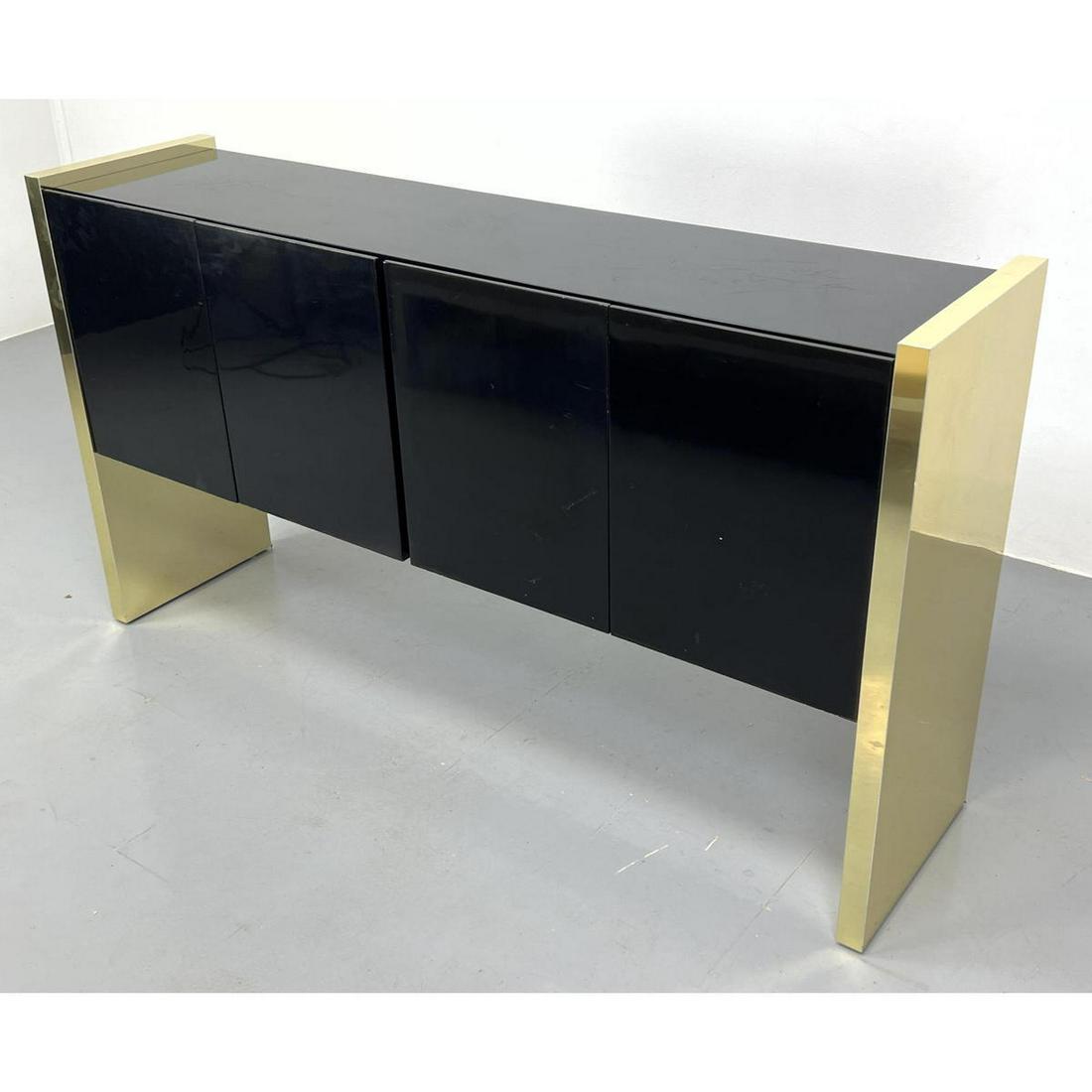 THAYER COGGIN by MILO BAUGHMAN Lacquer Credenza. Black Lacquer Cabinet supported by Two Gold Tone Si (1 of 10)
