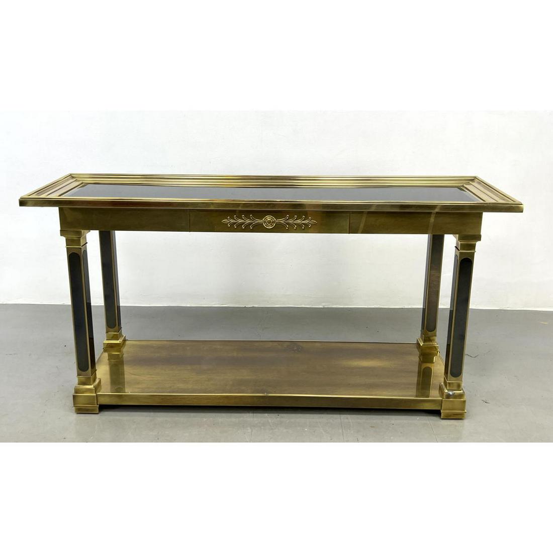 MASTERCRAFT Brass and Glass Console Table Black and brass. Brass top frame lifts off. (1 of 15)