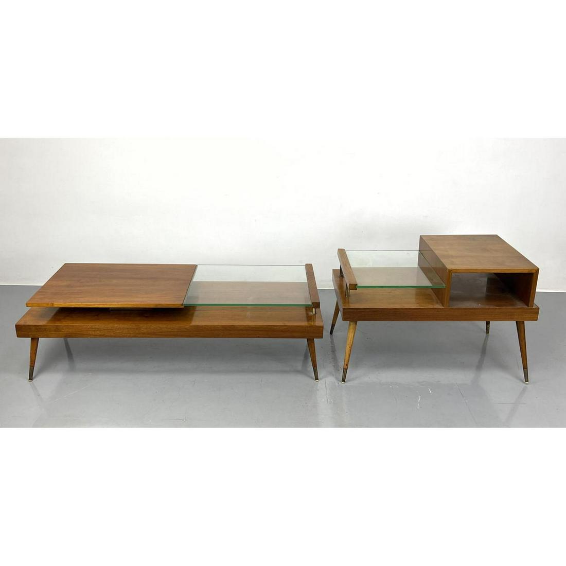 2pc American Modern Walnut Coffee and End Table. Step Side Table with Glass Shelf. Cocktail Table wi (1 of 14)