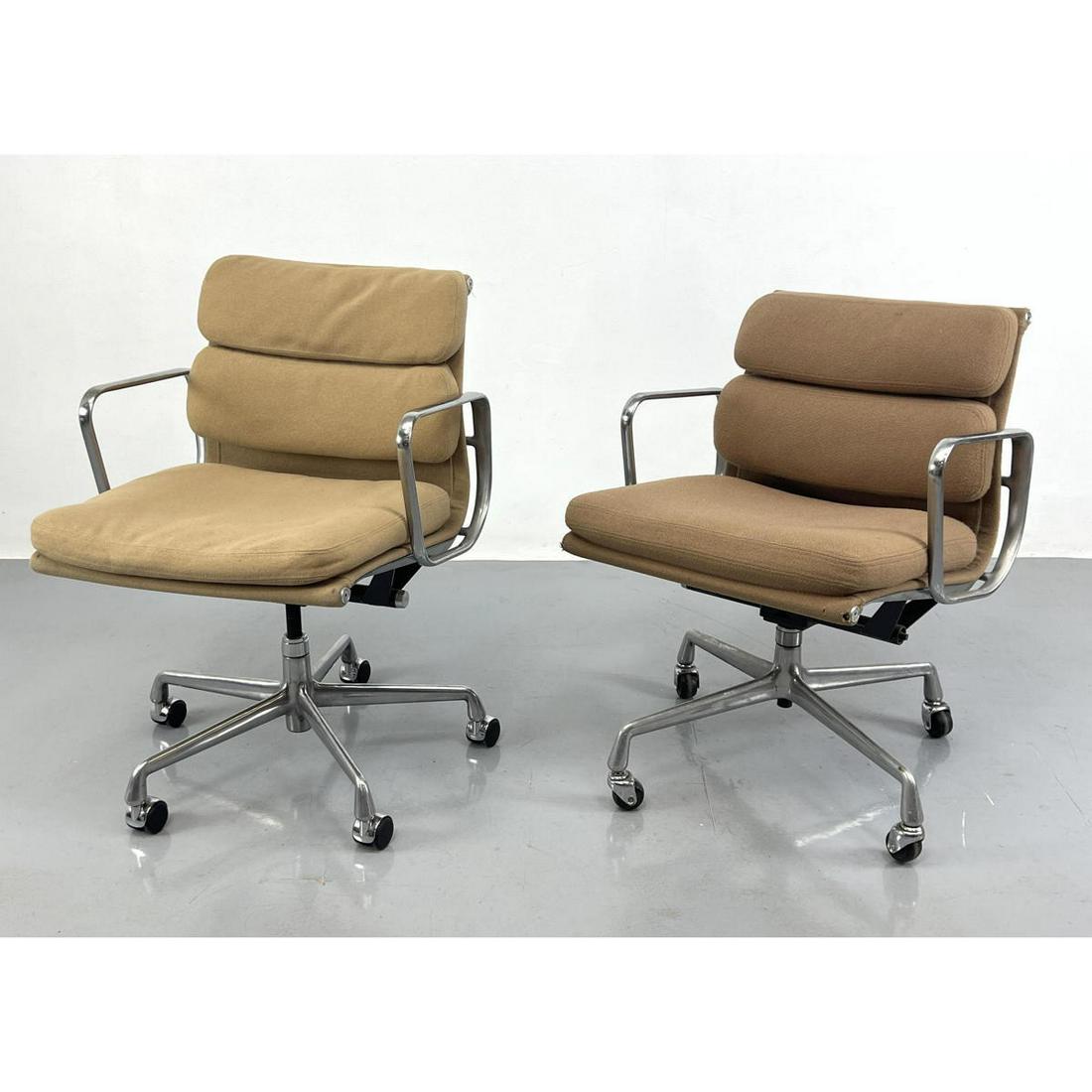 Pair Charles Eames Aluminum Group Chairs. Tan fabric Eames Soft pad rolling chairs, Herman Miller, (1 of 19)
