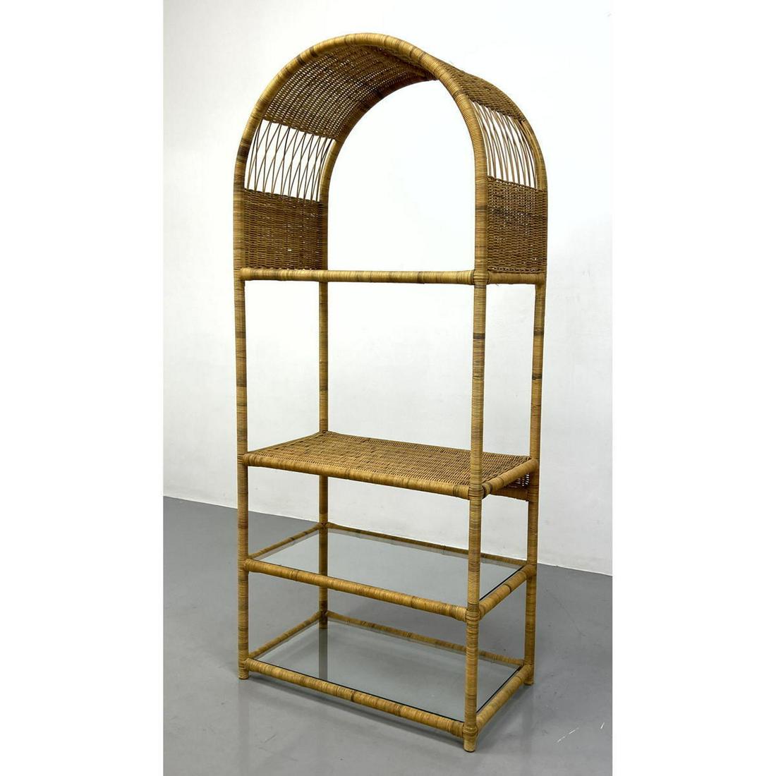 Arched Top Woven Rattan Modernist Etagere Display Shelf. Three Glass Shelves. (1 of 9)