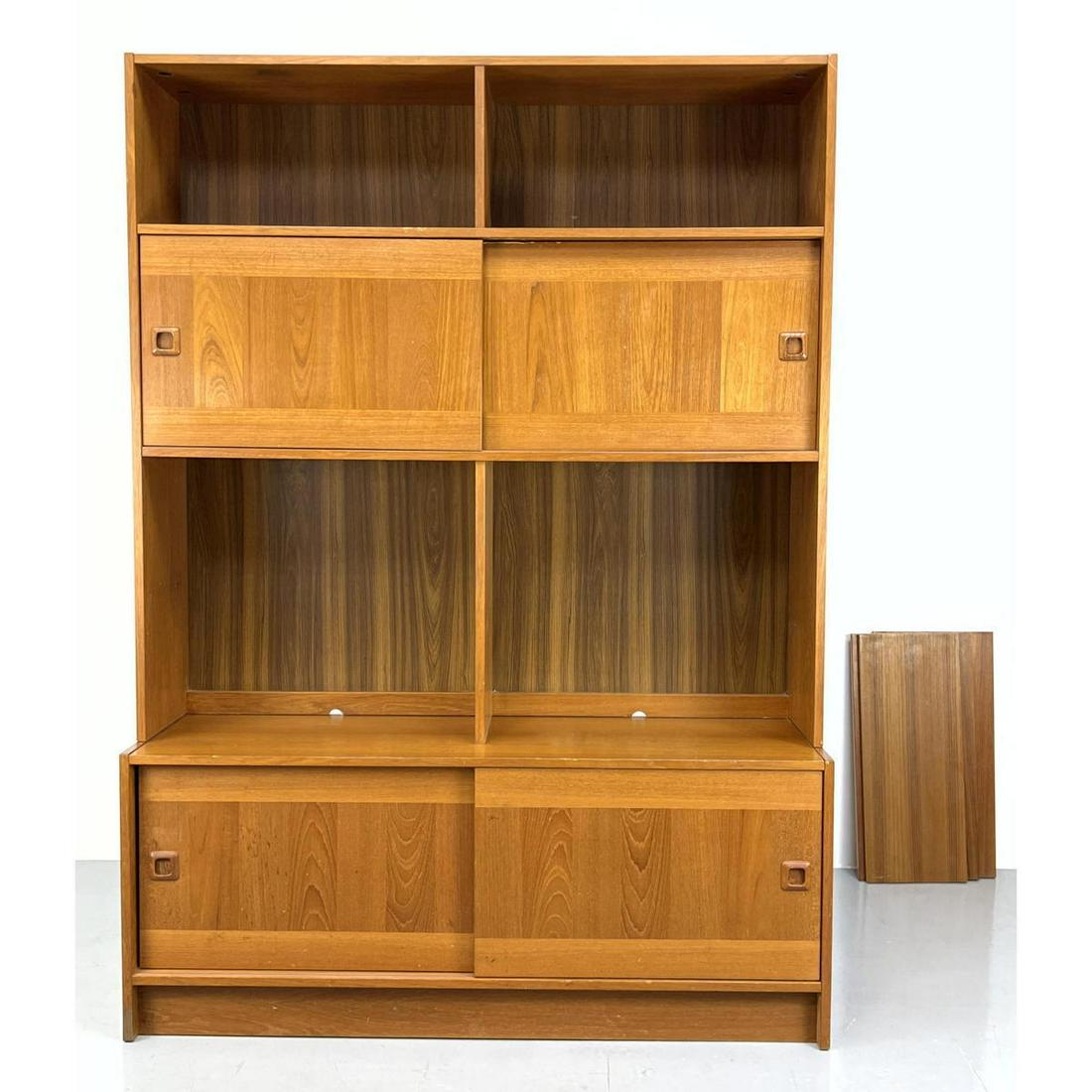 DOMINO MOBLER Danish Teak 2 Part Cabinet Bookcase. Two pair sliding doors. Open shelf sections. Extr (1 of 18)