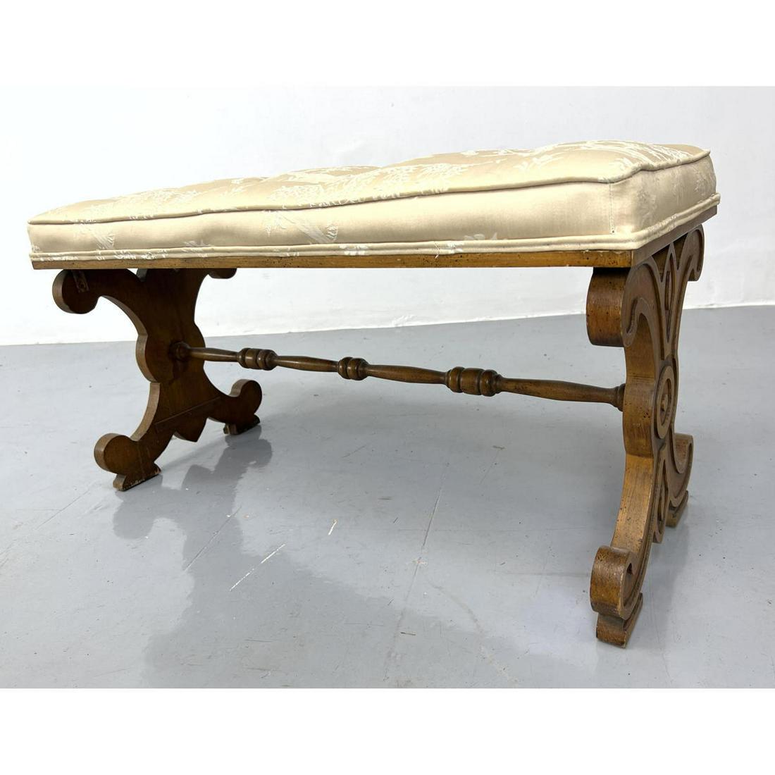 Tufted Upholstered Bench. Carved X Form Wood Base. (1 of 6)