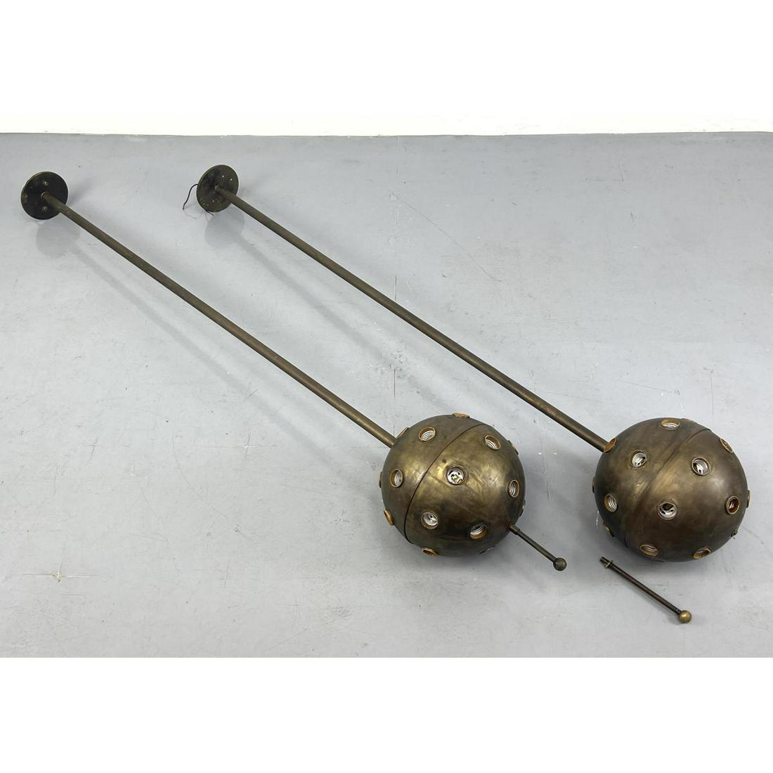 Pair Space Age Ceiling Mount Pendant Lamps.  Long rods with multi socket ball. (1 of 9)