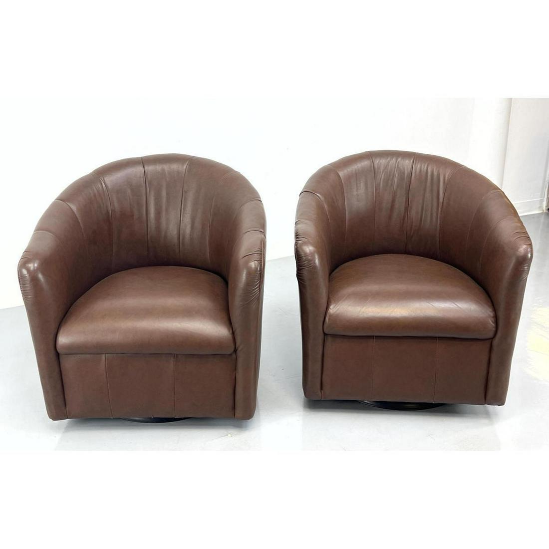 Pr Brown Barrel Back Swivel Lounge Chairs. LEISURE HOUSE Label.: Pr Brown Barrel Back Swivel Lounge Chairs. LEISURE HOUSE Label. Dimensions: H: 32 inches: W: 30 inches: D: 30 inches - Seat Height: 16 inches ---