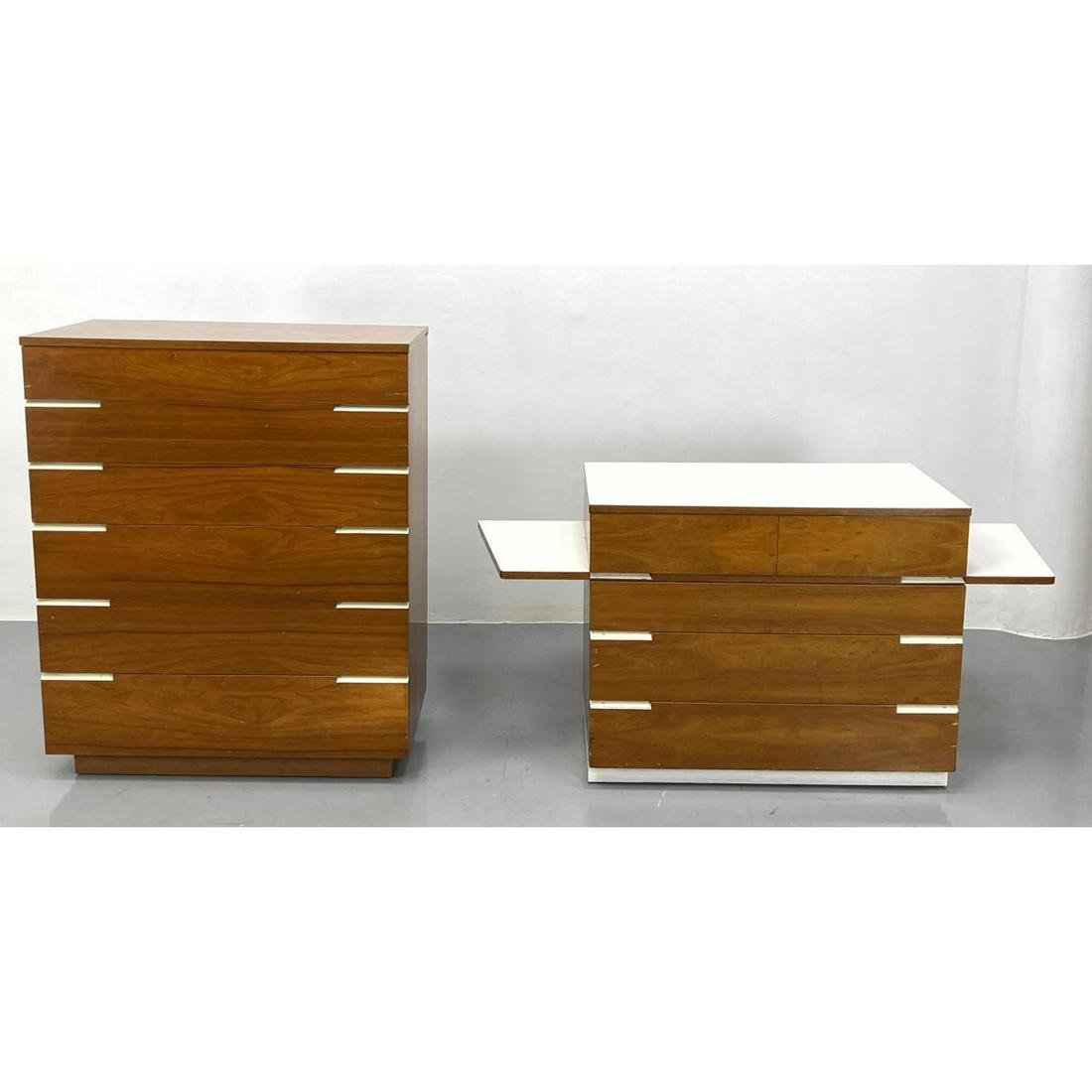 2pc High and Low Modernist Dressers. White painted trim. Tall Chest has wood top. Low Chest has whit (1 of 16)