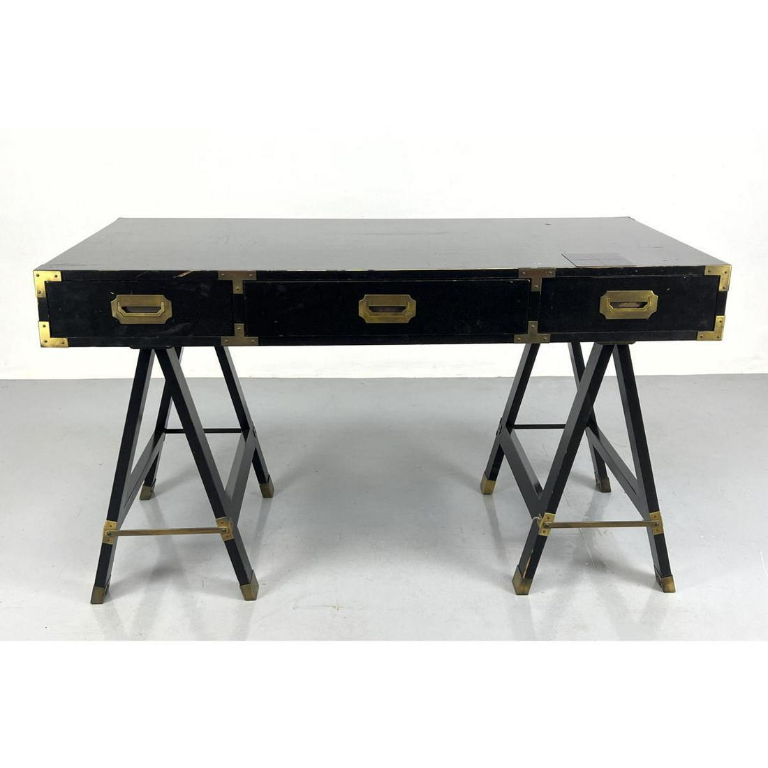 Black Lacquered Campaign style Desk. Saw Horse Bases.  Brass Pulls and Trim. (1 of 11)