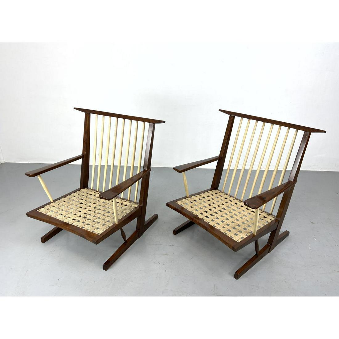 Pr Custom Design Spindle Back Lounge Chairs. Manner of George Nakashima. Contrasting blond wood back (1 of 10)