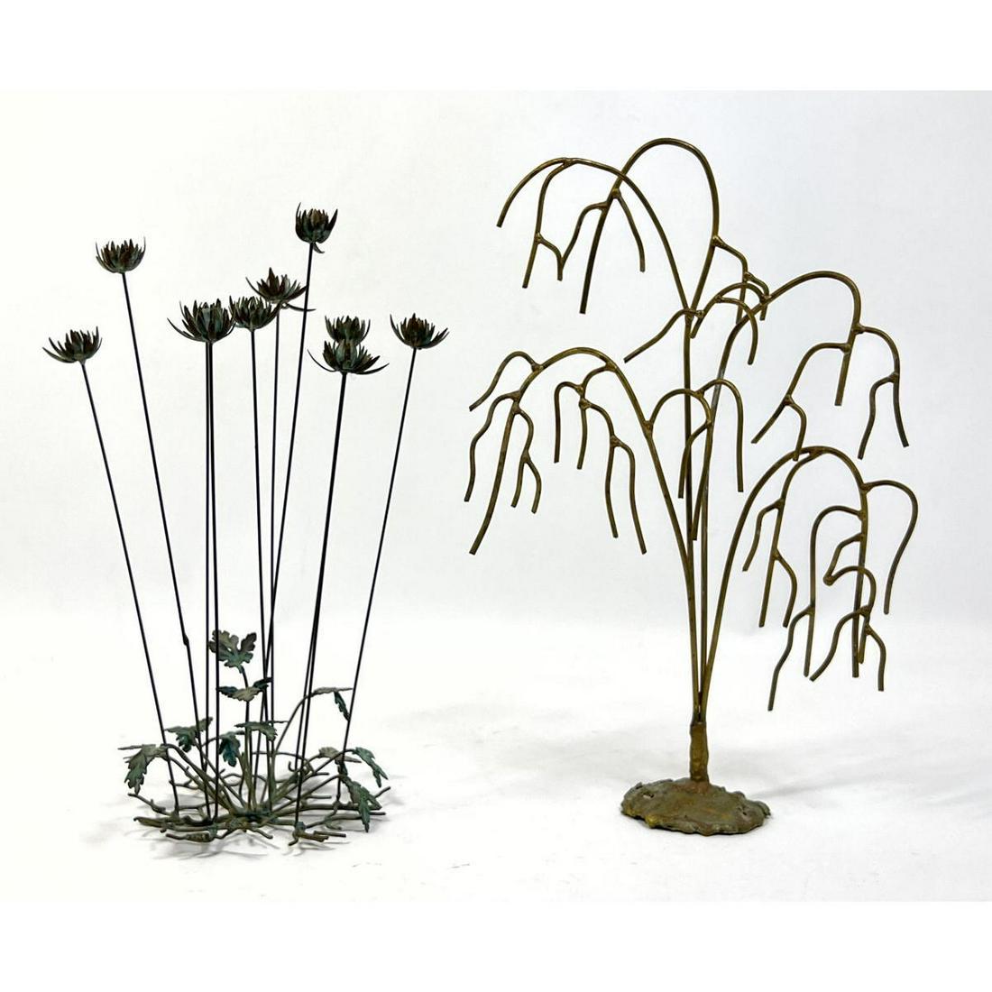 2pc Metal Botanical Sculptures. 1) LAKIS SAVIANS 1977 Weeping Willow Tree. Signed. 2). Copper with g (1 of 10)