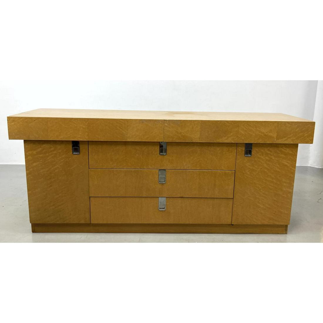 BAKER Birds Eye Maple Modernist Credenza Sideboard. Blond wood cabinet with birds eye maple drawer f (1 of 14)