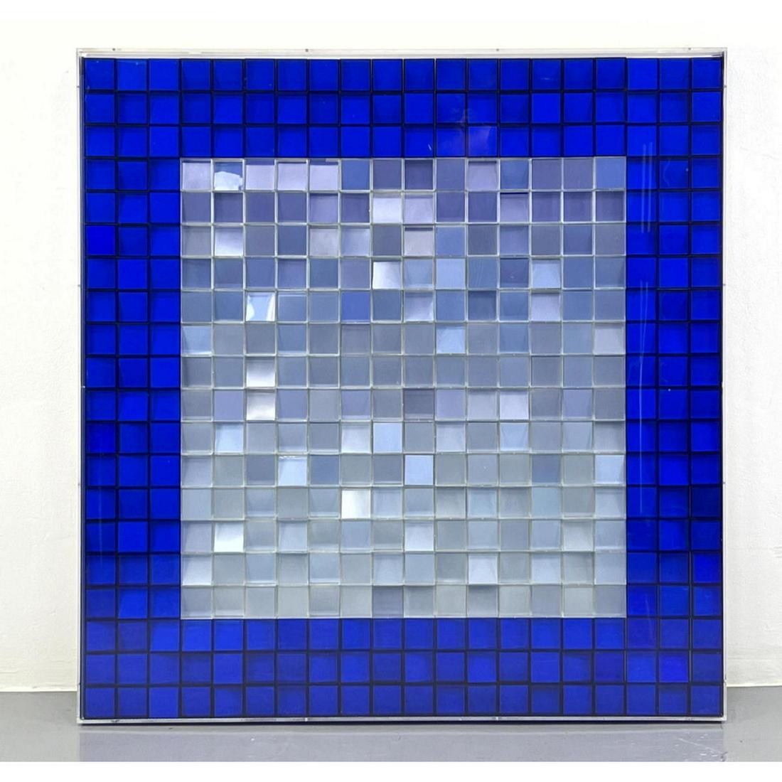 JANE SCHNITZER Abstract Blue silver "AssemblageÓ-inspiration James Turrell-- 2020 signed on back. fo: JANE SCHNITZER Abstract Blue silver "AssemblageÓ-inspiration James Turrell-- 2020 signed on back. format 40Ó squareÑmaterials: polyethylene (sheet) color squares mounted in 2"x2Óx1/2" Amac boxesÑ
