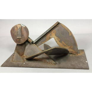 Brutalist Welded Iron Figural Sculpture. Reclining modernist human form on iron base.: Brutalist Welded Iron Figural Sculpture. Reclining modernist human form on iron base. ---