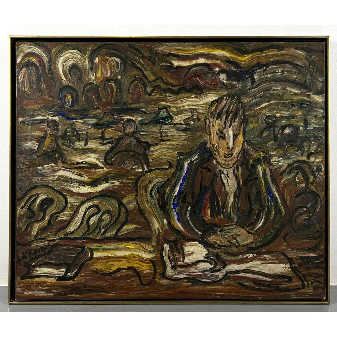 Signed Modernist Painting. Seated Man with Book. "The Reading Room". illegibly signed. (1 of 10)