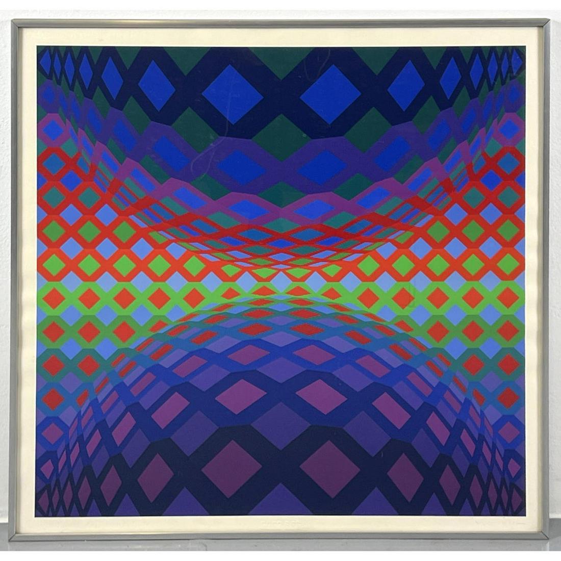 VICTOR VASARELY OP art print. Domberger Stuttgart. Rainbow colors. Faint signature.: VICTOR VASARELY OP art print. Domberger Stuttgart. Rainbow colors. Faint signature. Dimensions: H: 26.5 inches: W: 26.5 inches ---