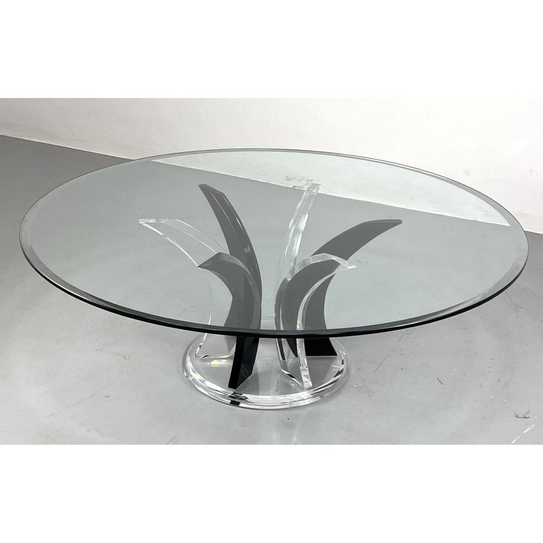 Glass and Lucite Modernist Coffee Table. Round Glass Top on Black and Clear Lucite  "Tusks" Supports (1 of 7)