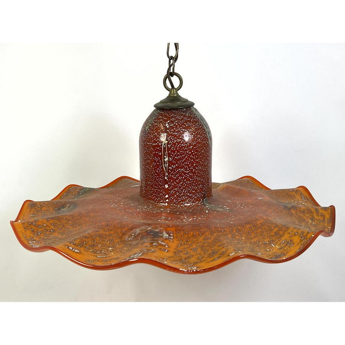 Orange Italian Murano glass Hanging Pendant Light. Flared Rippled Edge. Internal Silver foil flacks. (1 of 9)