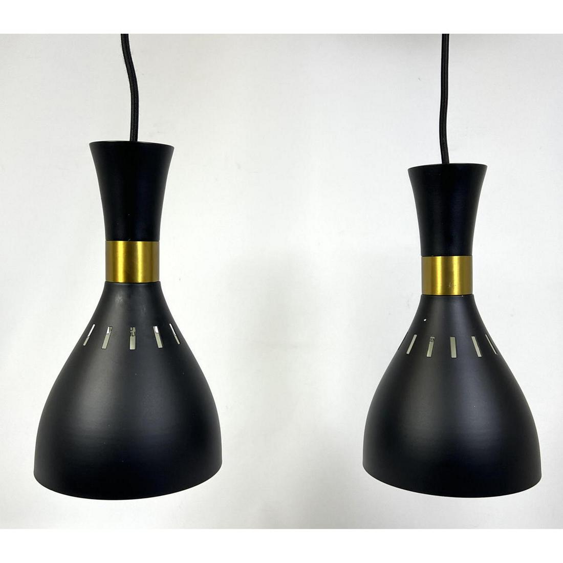 Pr Black Finish Shade Hanging Pendant Lights. Corseted Form with Brass Trim. NEW in BOX. (1 of 9)