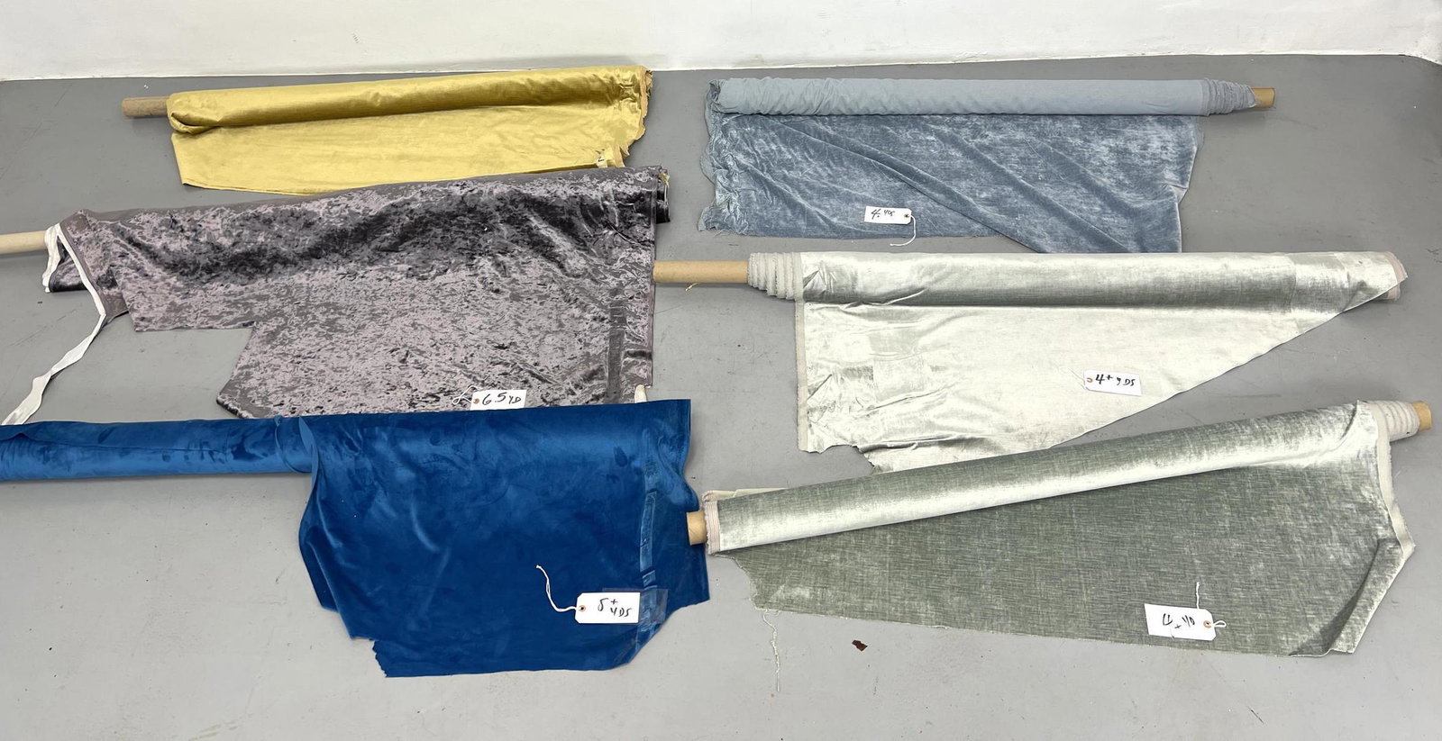 6 bolts upholstery curtain fabric. Velvet type. Approximately 2 yds Gold. 4 Slate blue. 8 Royal blue (1 of 20)