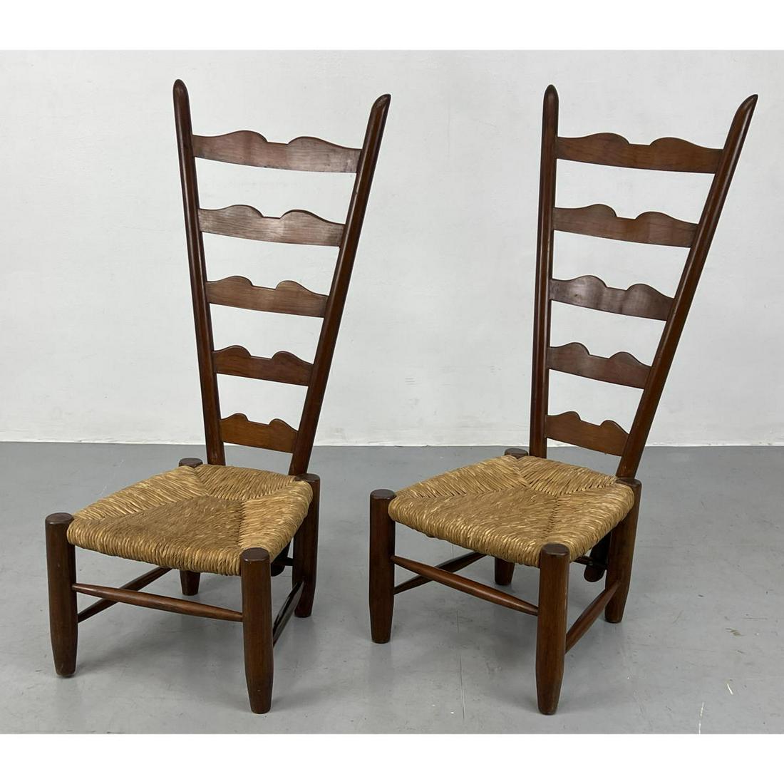 Pr GIO PONTI "Fireside" Ladder Back Chairs. Woven Rush Seats. Angled Tapered Back with shaped splats (1 of 8)