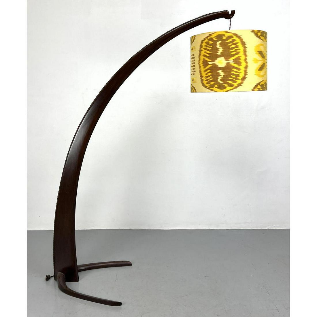 Italian mid-century modern floor lamp with Ikat shade. Wood arched design. (1 of 10)