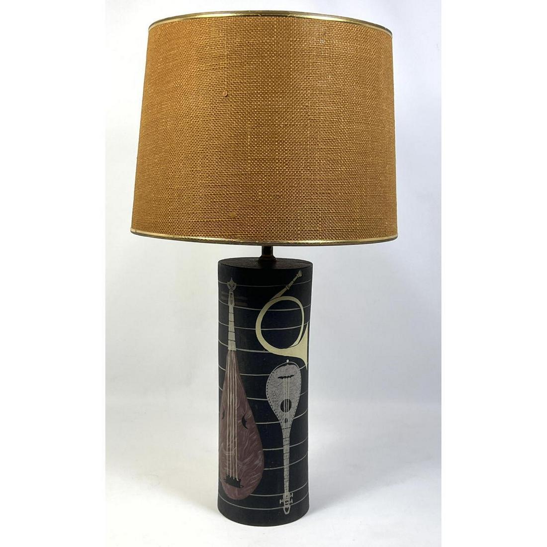 RAYMOR Italy Modernist Pottery Table Lamp. Cylinder form with hand painted Musical Instruments. Mand (1 of 8)
