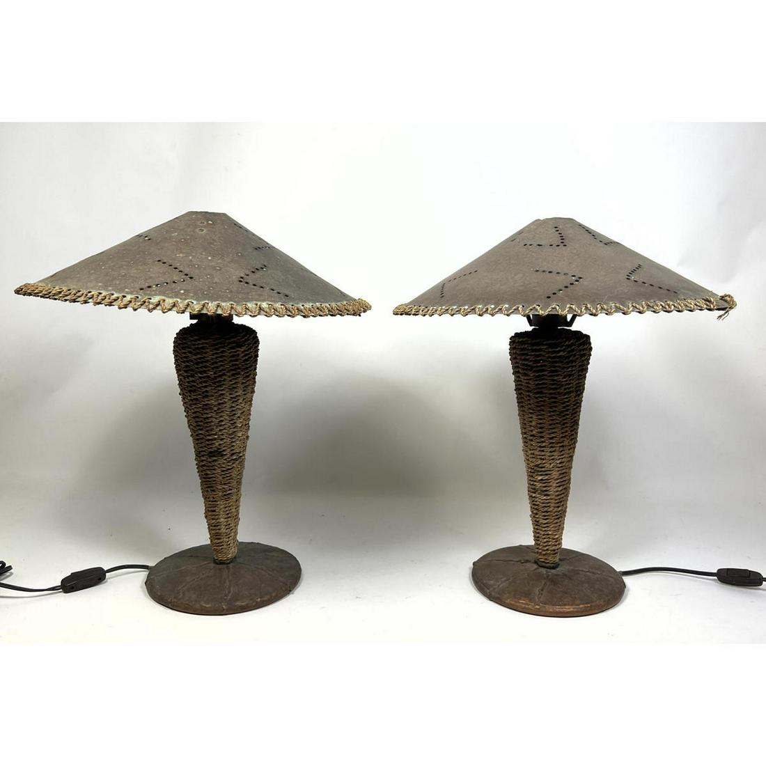 Pair French Table Lamps. Copper Lamps with jute wrapped stems. Pierced Metal Shade with wrapped trim (1 of 8)