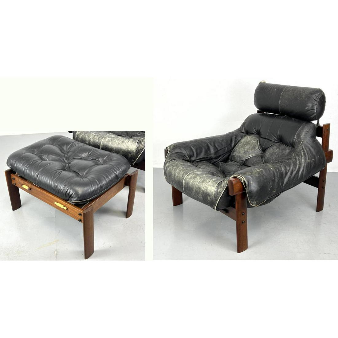 2pc Brazil Percival Lafer Lounge Chair Ottoman. Black Leather Cushions. (1 of 18)
