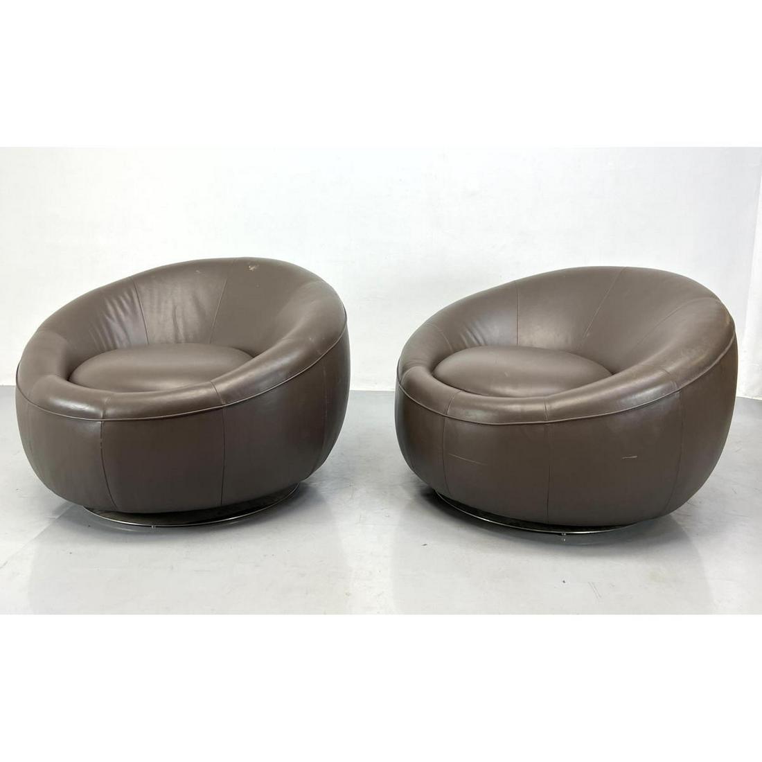 Pair Large Oversized Round Leather Lounge Chairs. Swivel with steel Bases. (1 of 11)