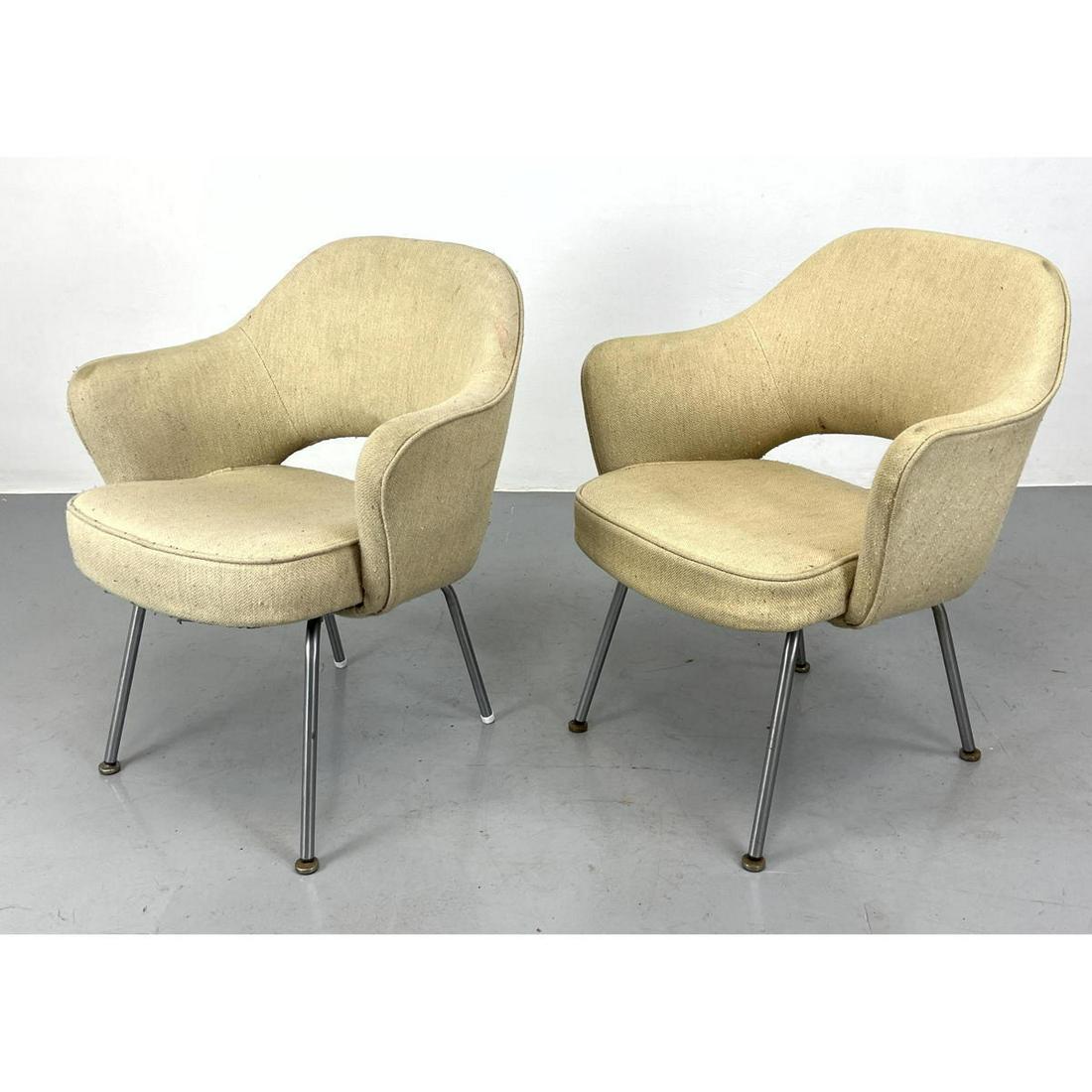 Pr Saarinen style Upholstered Dining Arm Chairs. Modernist Metal tube Frames. (1 of 11)