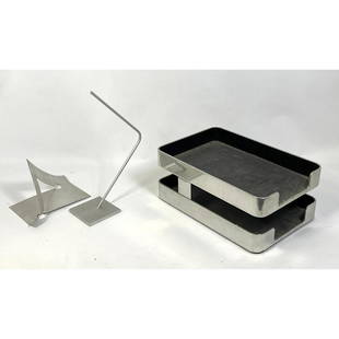 2pc Modern Design Lot. WILLIAM SKLAROFF Radius One Desk Tray: IN-Out Tray. 2) Kinetic Aluminum Moder: 2pc Modern Design Lot. WILLIAM SKLAROFF Radius One Desk Tray: IN-Out Tray. 2) Kinetic Aluminum Modern Sculpture. Dimensions: H: 6 inches: W: 15 inches: D: 10 inches ---