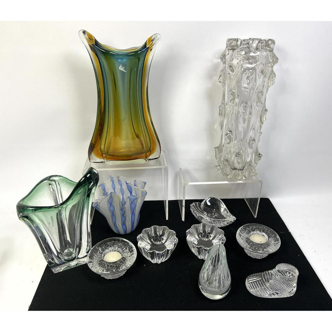 11pc Collection of 20th Century Glass and Crystal. Vases, Bowls, etc. Murano style Latticino Handker (1 of 15)