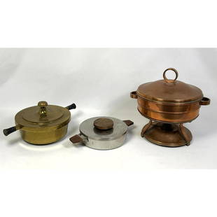 3pcs Mid Century Modern Cooking utensils. Rena Rosenthal Chafing dish, Lundtofte Covered dish, Coppe: 3pcs Mid Century Modern Cooking utensils. Rena Rosenthal Chafing dish, Lundtofte Covered dish, Copper chafing from Chile. Dimensions: H: 12 inches: W: 15 inches: D: 15 inches ---