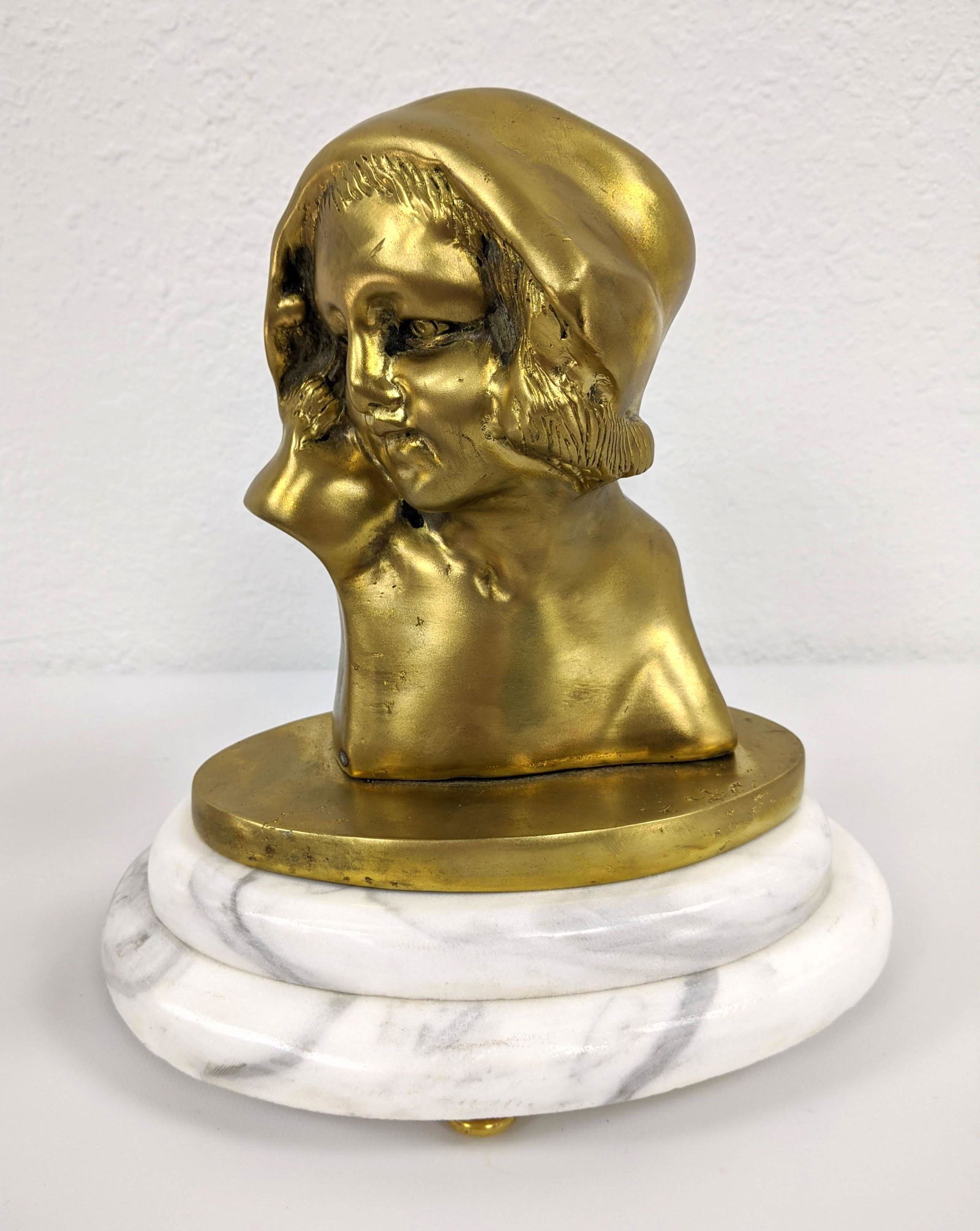 Brass Portrait Bust of Young Child Stepped Marble Base. Unsigned. (1 of 8)