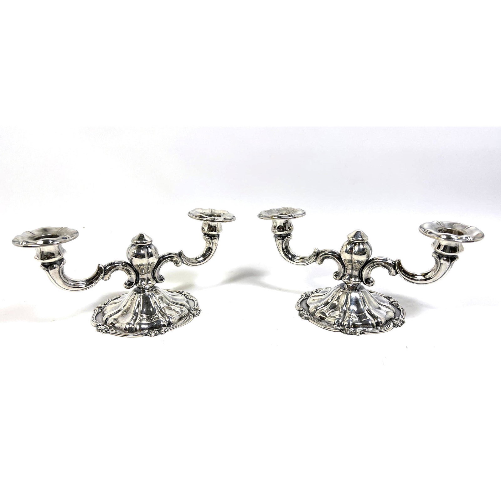 PAIR PERUVIAN STERLING SILVER CANDLESTICKS TWO ARMS.  INDUSTRIA PERUANA CAMUSSO.  weighted. (1 of 9)