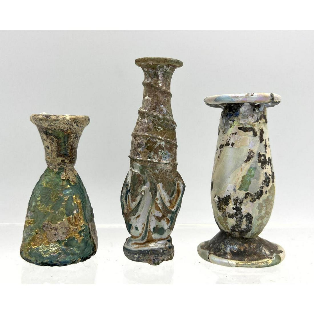 3pc Ancient Roman glass miniature vases. One with applied loop decoration. (1 of 17)