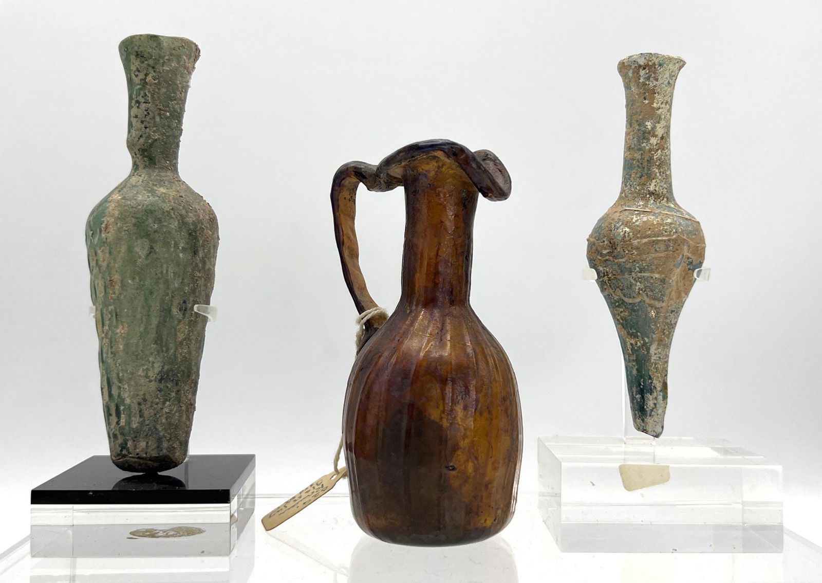 3pc Ancient Roman glass vases. One handled oil jug. 2 vases. (1 of 20)